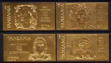 Tanzania 1985 Life & Times of HM Queen Mother imperf set of 4 values inscribed 'HM the Queen Mother', embossed in 22k gold foil (different inscription to issued stamps) unmounted mint, stamps on royalty, stamps on queen mother