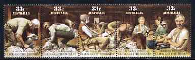 Australia 1986 Scenes from the folksong 'Click Go The Shears' se-tenant strip of 5 unmounted mint, SG 1014a, stamps on , stamps on  stamps on music, stamps on animals, stamps on sheep, stamps on ovine, stamps on textiles, stamps on wool