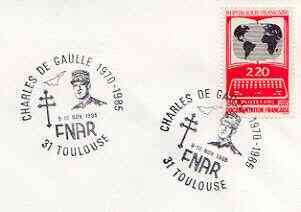 Postmark - France 1985 unaddressed cover for FNAR (Charles de Gaulle) with illustrated cancel showing De Gaulle & Concorde, stamps on , stamps on  stamps on aviation, stamps on concorde, stamps on de gaulle, stamps on  stamps on personalities, stamps on  stamps on de gaulle, stamps on  stamps on  ww1 , stamps on  stamps on  ww2 , stamps on  stamps on militaria