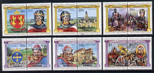Tuvalu - Nanumaga 1984 Monarchs (Leaders of the World) Alfred & Richard I, set of 12 opt'd SPECIMEN unmounted mint, stamps on royalty    battles    castles