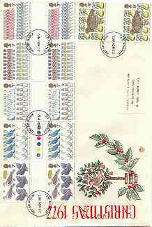 Great Britain 1977 Christmas - Twelve Days of Christmas set of 6 gutter pairs on illustrated cover with first day cancel, stamps on , stamps on  stamps on christmas, stamps on dancing, stamps on music, stamps on fruit