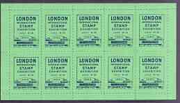 Exhibition souvenir sheet for 1960 London International Stamp Exhibition containing 10 perf labels in green unmounted mint, stamps on , stamps on  stamps on cinderella, stamps on stamp exhibitions, stamps on 