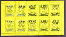 Exhibition souvenir sheet for 1960 London International Stamp Exhibition containing 10 perf labels in yellow unmounted mint, stamps on , stamps on  stamps on cinderella, stamps on stamp exhibitions, stamps on 