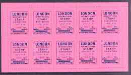 Exhibition souvenir sheet for 1960 London International Stamp Exhibition containing 10 perf labels in pink unmounted mint, stamps on cinderella, stamps on stamp exhibitions, stamps on 