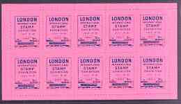 Exhibition souvenir sheet for 1960 London International Stamp Exhibition containing 10 perf labels in pink unmounted mint, stamps on , stamps on  stamps on cinderella, stamps on stamp exhibitions, stamps on 