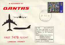 Great Britain 1971 Qantas illustrated first flight cover of Boeing 747B to Sydney with 26 Nov cancel and flight details, stamps on aviation, stamps on boeing, stamps on 747, stamps on jumbo