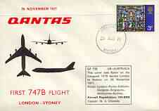 Great Britain 1971 Qantas illustrated first flight cover of Boeing 747B to Sydney with 26 Nov cancel and flight details, stamps on , stamps on  stamps on aviation, stamps on boeing, stamps on 747, stamps on jumbo