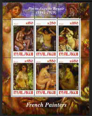 Malawi 2010 Art - French Painters - Renoir perf sheetlet containing 6 values unmounted mint, stamps on arts, stamps on nudes, stamps on renoir