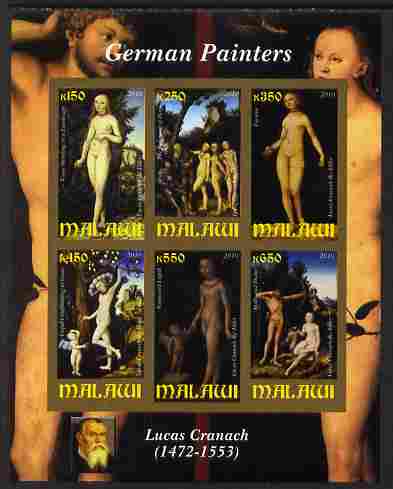 Malawi 2010 Art - German Painters - Cranach imperf sheetlet containing 6 values unmounted mint, stamps on arts, stamps on nudes, stamps on cranach