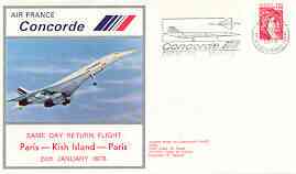 France 1978 illustrated Air France Concorde Day Trip cover Paris to Kish Island (Iran) to Paris, with Concorde cancel & signed cerificate, stamps on aviation, stamps on concorde, stamps on 