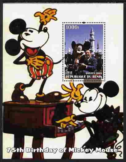 Benin 2003 75th Birthday of Mickey Mouse #10 perf s/sheet also showing Walt Disney, unmounted mint. Note this item is privately produced and is offered purely on its thematic appeal, stamps on , stamps on  stamps on disney, stamps on  stamps on cartoons, stamps on  stamps on personalities, stamps on  stamps on films, stamps on  stamps on cinema, stamps on  stamps on movies