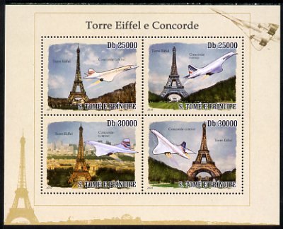 St Thomas & Prince Islands 2010 Eiffel Tower & Concorde perf sheetlet containing 4 values unmounted mint, stamps on eiffel tower, stamps on concorde, stamps on aviation