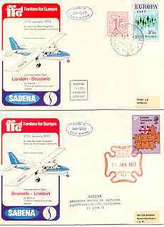 Great Britain 1973 Britains Entry into EEC set of 2 illustrated covers flown on Sabena Islander OO-GVS London to Brussels and back, both cancelled 11 Jan with Cachets, stamps on aviation, stamps on constitutions, stamps on europa