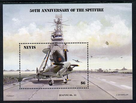 Nevis 1986 Spitfire (Seafire) on Aircraft Carrier m/sheet unmounted mint SG MS 376. , stamps on , stamps on  stamps on aviation, stamps on  stamps on  ww2 , stamps on  stamps on  raf , stamps on  stamps on ships, stamps on  stamps on flat tops , stamps on  stamps on  raf , stamps on  stamps on 