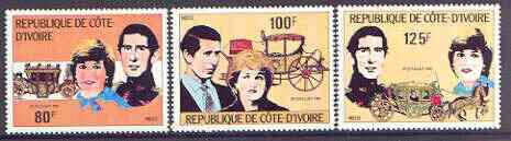 Ivory Coast 1981 Royal Wedding perf set of 3 unmounted mint, Mi 688-90, stamps on , stamps on  stamps on royalty, stamps on diana, stamps on charles