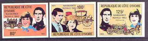 Ivory Coast 1982 Birth of Prince William opt on Royal Wedding imperf set of 3 unmounted mint, Mi 737-39B, stamps on , stamps on  stamps on royalty, stamps on diana, stamps on charles, stamps on william