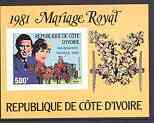 Ivory Coast 1982 Birth of Prince William opt on Royal Wedding imperf m/sheet unmounted mint, Mi BL 23B, stamps on royalty, stamps on diana, stamps on charles, stamps on william