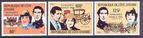 Ivory Coast 1982 Birth of Prince William opt on Royal Wedding perf set of 3 unmounted mint, Mi 737-39A, stamps on royalty, stamps on diana, stamps on charles, stamps on william