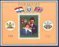 Paraguay 1981 Royal Wedding perf m/sheet (gold coloured background) unmounted mint Mi BL 362b, stamps on , stamps on  stamps on royalty, stamps on diana, stamps on charles, stamps on flags, stamps on arms, stamps on  stamps on heraldry