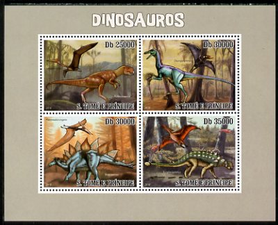 St Thomas & Prince Islands 2010 Dinosaurs perf sheetlet containing 4 values unmounted mint, stamps on dinosaurs