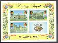 Comoro Islands 1981 Royal Wedding imperf sheetlet containing set of 3 plus label unmounted mint, as SG MS 455, Mi BL 232B, stamps on , stamps on  stamps on royalty, stamps on charles, stamps on diana