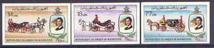 Mauritania 1981 Royal Wedding imperf set of 3 unmounted mint, as SG 701-03, Mi 726-28B, stamps on royalty, stamps on charles, stamps on diana, stamps on horses, stamps on coaches