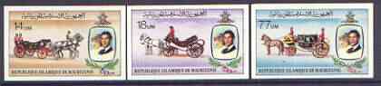 Mauritania 1981 Royal Wedding imperf set of 3 unmounted mint, as SG 701-03, Mi 726-28B, stamps on , stamps on  stamps on royalty, stamps on charles, stamps on diana, stamps on horses, stamps on coaches