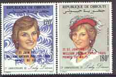 Djibouti 1982 Birth of Prince William opt on 21st Birthday perf set of 2 unmounted mint, Mi 346-47A, stamps on , stamps on  stamps on royalty, stamps on william, stamps on diana, stamps on 