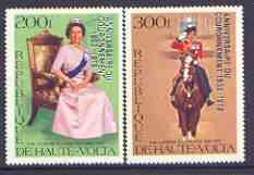 Upper Volta 1978 25th Anniversary of Coronation opt'd on Silver Jubilee perf set of 2, opt in silver unmounted mint, Mi 727-28*, stamps on , stamps on  stamps on royalty, stamps on silver jubilee, stamps on coronation, stamps on horses