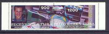 Touva 1996 Michael Schumacher se-tenant pair from Formula 1 Racing Cars perf sheetlet, stamps on racing cars, stamps on motor sport, stamps on  f1 , stamps on cars