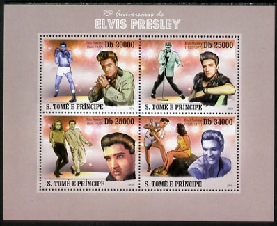 St Thomas & Prince Islands 2010 75th Birth Anniversary of Elvis Presley perf sheetlet containing 4 values unmounted mint, stamps on , stamps on  stamps on personalities, stamps on  stamps on elvis, stamps on  stamps on music, stamps on  stamps on films, stamps on  stamps on cinema, stamps on  stamps on movies, stamps on  stamps on pops, stamps on  stamps on rock, stamps on  stamps on boxing, stamps on  stamps on 