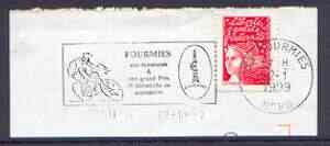 Postmark - France rectangular piece bearing French adhesive with Fourmies illustrated cancel showing a Cyclist, stamps on , stamps on  stamps on bicycles