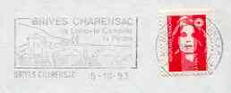 Postmark - France rectangular piece bearing French adhesive with Brives Charensac illustrated cancel showing a 2-span arch bridge, stamps on bridges, stamps on civil engineering