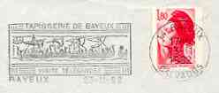 Postmark - France rectangular piece bearing French adhesive with Bayeux illustrated cancel showing Viking Ships on Bayeux Tapestry, stamps on ships, stamps on vikings, stamps on tapestry, stamps on textiles