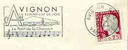 Postmark - France rectangular piece bearing French adhesive with Avignon illustrated cancel showing Bridge and part of score of 'Le Pont de la Chanson', stamps on , stamps on  stamps on music, stamps on bridges, stamps on civil engineering