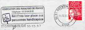 Postmark - France rectangular piece bearing French adhesive with St Quentin Basilique slogan cancel showing disabled symbol for 'Association des Paralyses de France', stamps on disabled