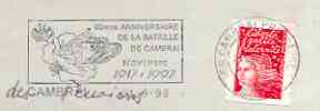 Postmark - France rectangular piece bearing French adhesive with Cambrai illustrated cancel showing Tank and slogan for 80th Anniversary of Battle at Cambrai, stamps on militaria, stamps on tanks, stamps on battles, stamps on  ww1 , stamps on 