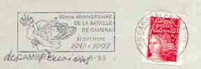 Postmark - France rectangular piece bearing French adhesive with Cambrai illustrated cancel showing Tank and slogan for 80th Anniversary of Battle at Cambrai, stamps on , stamps on  stamps on militaria, stamps on tanks, stamps on battles, stamps on  stamps on  ww1 , stamps on  stamps on 