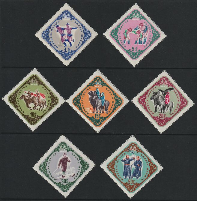 Mongolia 1961 Mongolian Sports set of 7 (diamond shaped) unmounted mint, SG 242-48, stamps on sport, stamps on wrestling, stamps on archery, stamps on horses, stamps on camels, stamps on falcons, stamps on birds of prey, stamps on skiing