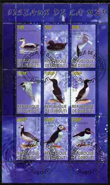 Djibouti 2010 Sea Birds perf sheetlet containing 9 values fine cto used, stamps on birds, stamps on puffins, stamps on 