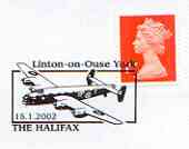 Postmark - Great Britain 2002 cover with 'Halifax' Linton-on-Ouse cancel illustrated with Halifax Bomber, stamps on aviation, stamps on halifax, stamps on  ww2 , stamps on 