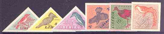 Liberia 1953 Birds imperf set of 6 (Triangular & Diamond shaped) unmounted mint as SG 735-40, stamps on , stamps on  stamps on birds, stamps on  stamps on bulbul, stamps on  stamps on roller, stamps on  stamps on hornbill, stamps on  stamps on kingfisher, stamps on  stamps on whydah, stamps on  stamps on diamond, stamps on  stamps on triangulars