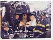 Tadjikistan 2001 God Bless America (Pope & Fire Fighters) perf souvenir sheet unmounted mint, stamps on fire, stamps on pope, stamps on americana