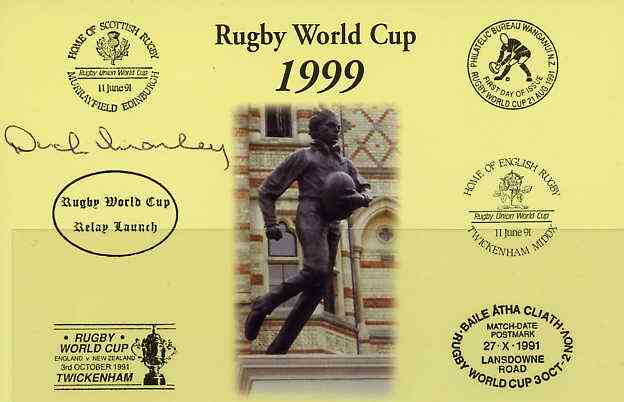 Postcard privately produced in 1999 (coloured) for the Rugby World Cup, signed by Dick Manley (England - 4 caps & Exeter) unused and pristine, stamps on rugby, stamps on sport