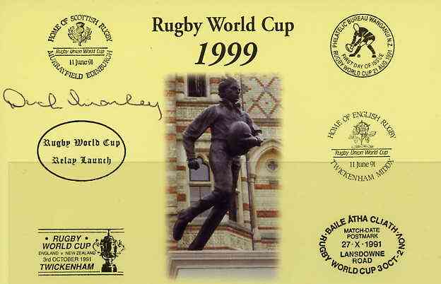 Postcard privately produced in 1999 (coloured) for the Rugby World Cup, signed by Dick Manley (England - 4 caps & Exeter) unused and pristine, stamps on , stamps on  stamps on rugby, stamps on  stamps on sport