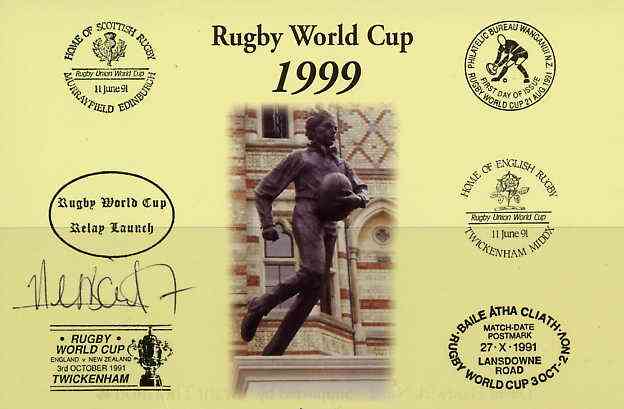 Postcard privately produced in 1999 (coloured) for the Rugby World Cup, signed by Neal Back (England - 45 caps, British Lions & Leicester) unused and pristine, stamps on rugby, stamps on sport