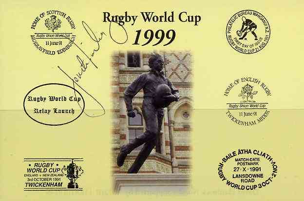 Postcard privately produced in 1999 (coloured) for the Rugby World Cup, signed by Fereti Tuilagi (Samoa - 8 caps & Leicester) unused and pristine, stamps on rugby, stamps on sport