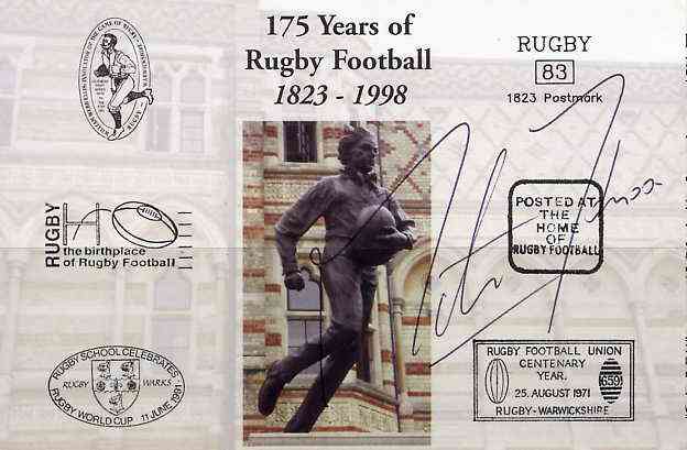 Postcard privately produced in 1998 (coloured) for the 175th Anniversary of Rugby, signed by Martin Johnson (England - 63 caps, British Lions & Leicester capt) unused and pristine, stamps on rugby, stamps on sport
