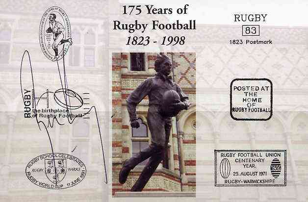 Postcard privately produced in 1998 (coloured) for the 175th Anniversary of Rugby, signed by Ben Kay (England - 5 caps & Leicester) unused and pristine, stamps on rugby, stamps on sport