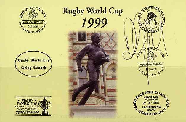 Postcard privately produced in 1999 (coloured) for the Rugby World Cup, signed by Darren Garforth (England - 25 caps & Leicester) unused and pristine, stamps on rugby, stamps on sport